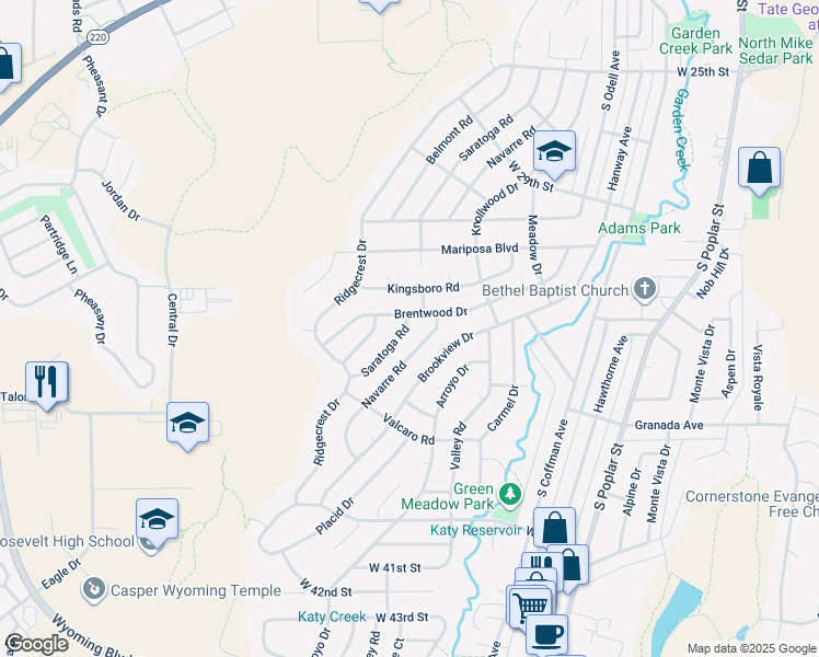 map of restaurants, bars, coffee shops, grocery stores, and more near 3221 Saratoga Road in Casper