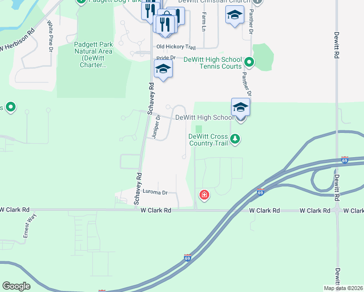 map of restaurants, bars, coffee shops, grocery stores, and more near 13698 Cottonwood Drive in DeWitt