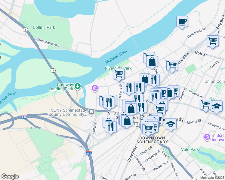 map of restaurants, bars, coffee shops, grocery stores, and more near 14 N Church St in Schenectady