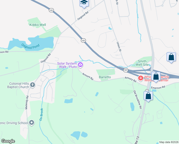 map of restaurants, bars, coffee shops, grocery stores, and more near 107 Armory Road in Milford