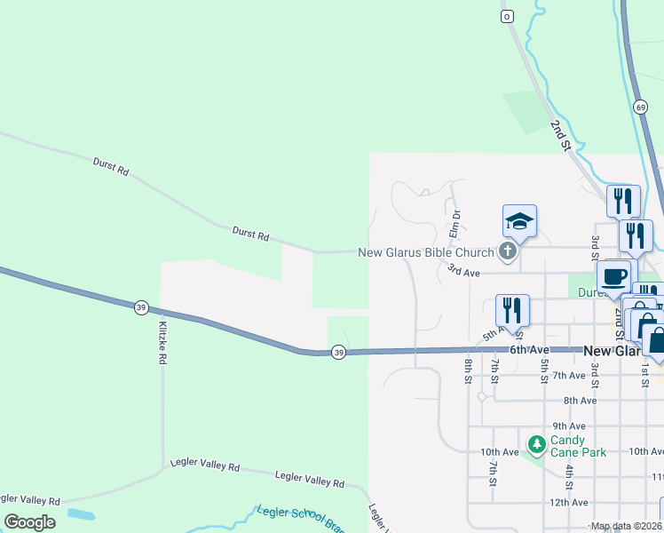 map of restaurants, bars, coffee shops, grocery stores, and more near W5819 Durst Road in New Glarus
