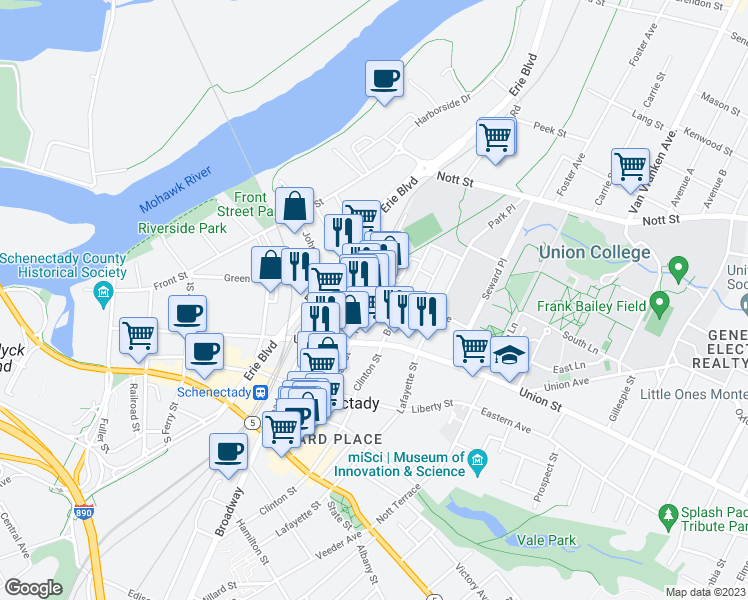 map of restaurants, bars, coffee shops, grocery stores, and more near 42 North Jay Street in Schenectady