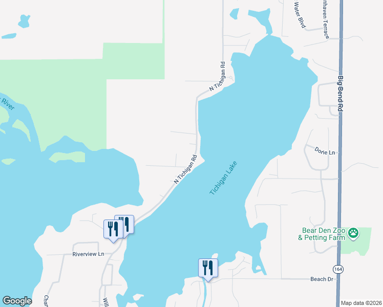 map of restaurants, bars, coffee shops, grocery stores, and more near 7156 North Tichigan Road in Waterford