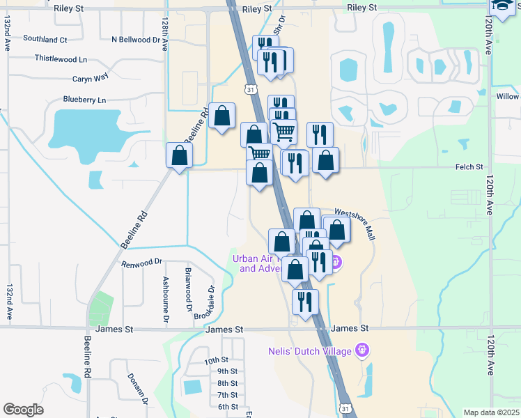 map of restaurants, bars, coffee shops, grocery stores, and more near 12610 Felch Street in Holland