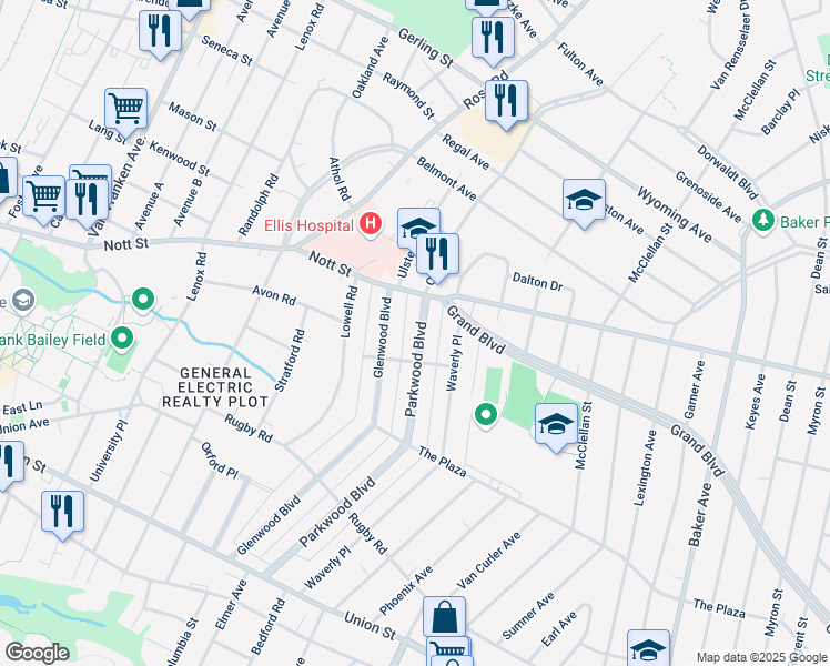map of restaurants, bars, coffee shops, grocery stores, and more near 1373 Parkwood Boulevard in Schenectady