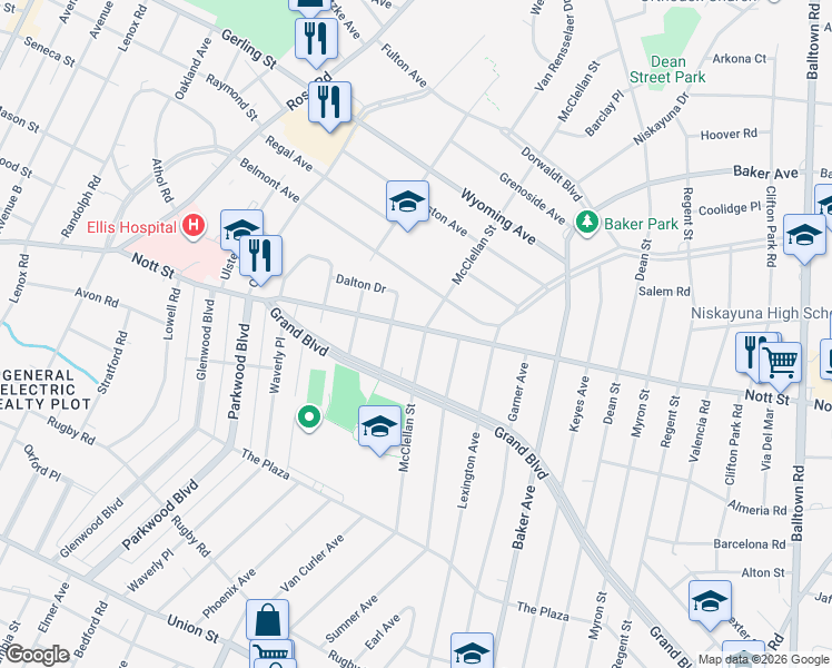 map of restaurants, bars, coffee shops, grocery stores, and more near 1520 Nott Street in Schenectady