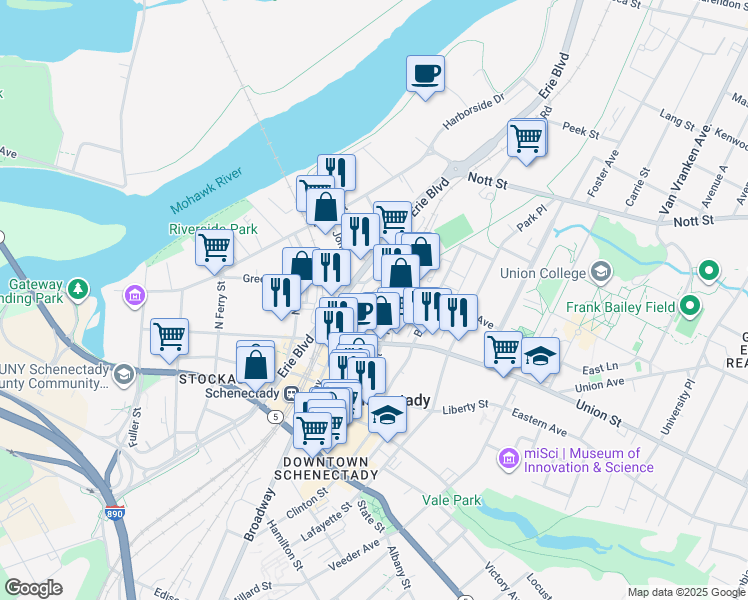 map of restaurants, bars, coffee shops, grocery stores, and more near 403 Warren Street in Schenectady