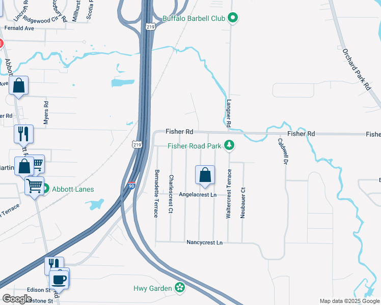 map of restaurants, bars, coffee shops, grocery stores, and more near 201 Leocrest Court in Buffalo