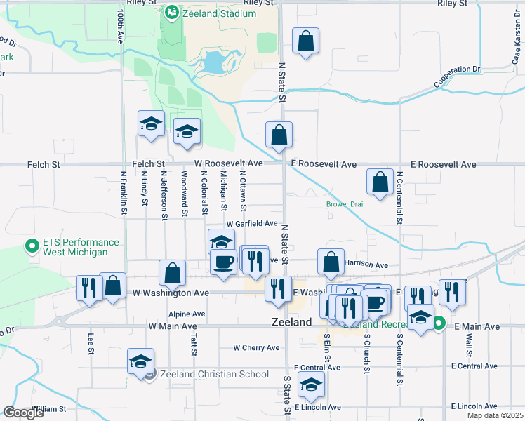 map of restaurants, bars, coffee shops, grocery stores, and more near 36 West Madison Avenue in Zeeland