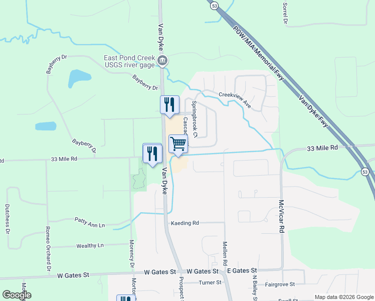 map of restaurants, bars, coffee shops, grocery stores, and more near 11827 Cascade Circle in Macomb County