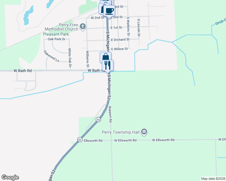 map of restaurants, bars, coffee shops, grocery stores, and more near 12131 Michigan 52 in Perry