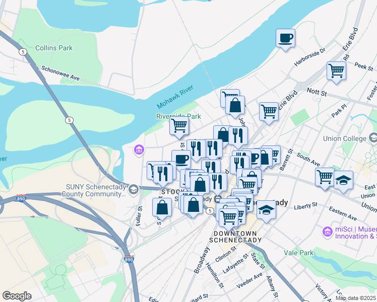 map of restaurants, bars, coffee shops, grocery stores, and more near 30 North Ferry Street in Schenectady