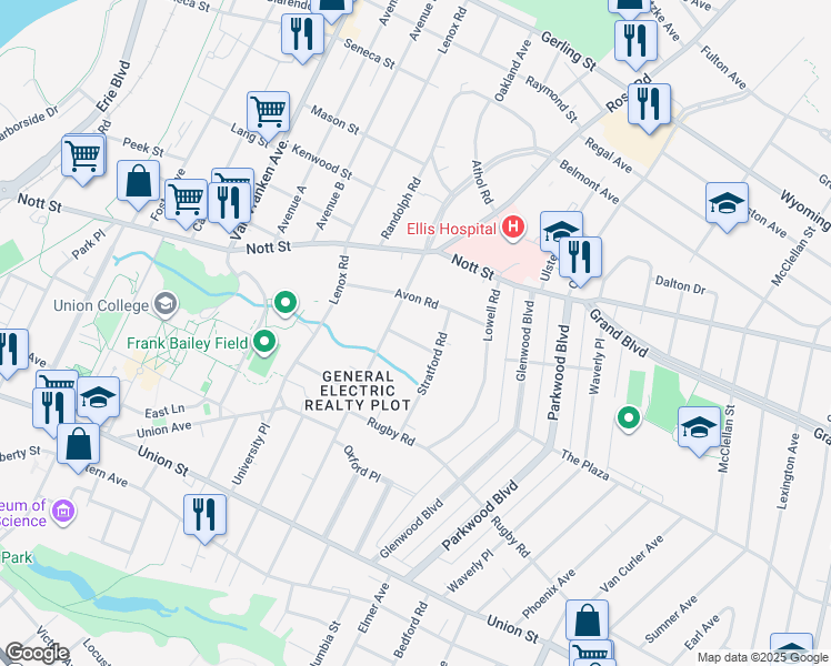 map of restaurants, bars, coffee shops, grocery stores, and more near 1121 Adams Road in Schenectady