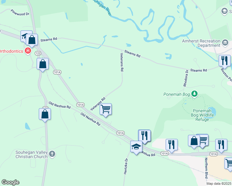 map of restaurants, bars, coffee shops, grocery stores, and more near 9 Veterans Road in Amherst