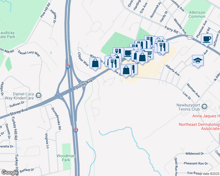 map of restaurants, bars, coffee shops, grocery stores, and more near 85 Storey Avenue in Newburyport