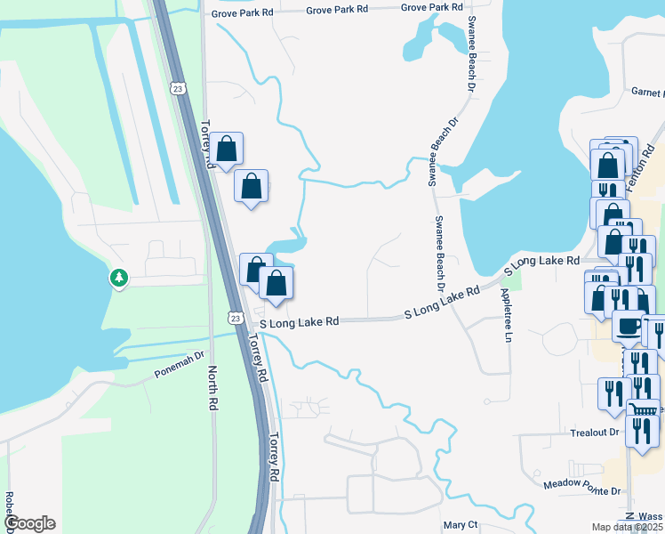 map of restaurants, bars, coffee shops, grocery stores, and more near 14545 Blue Heron Drive in Fenton