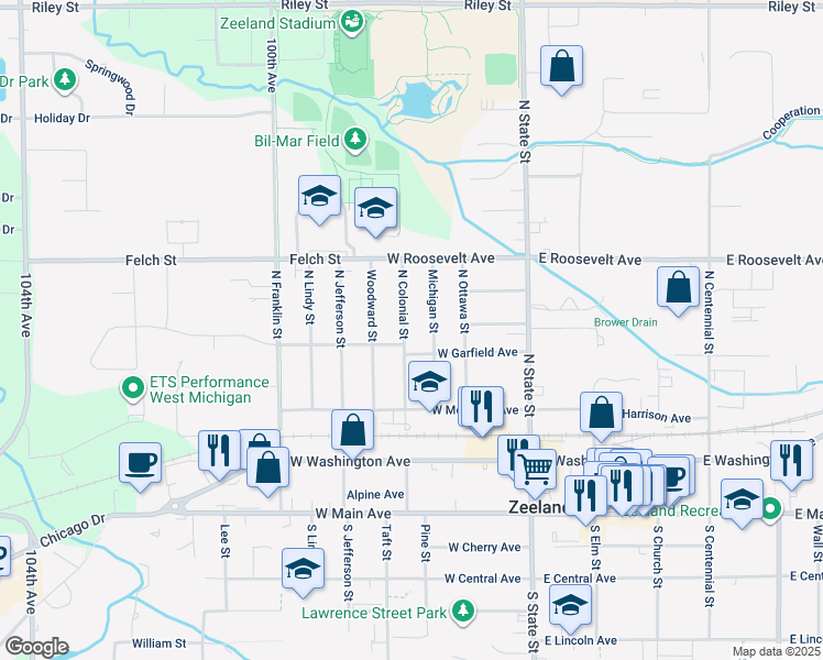 map of restaurants, bars, coffee shops, grocery stores, and more near 321 North Colonial Street in Zeeland