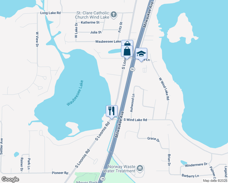 map of restaurants, bars, coffee shops, grocery stores, and more near 7138 South Loomis Road in Wind Lake