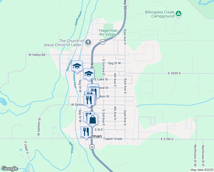 map of restaurants, bars, coffee shops, grocery stores, and more near 161 East Reed Street in Hagerman