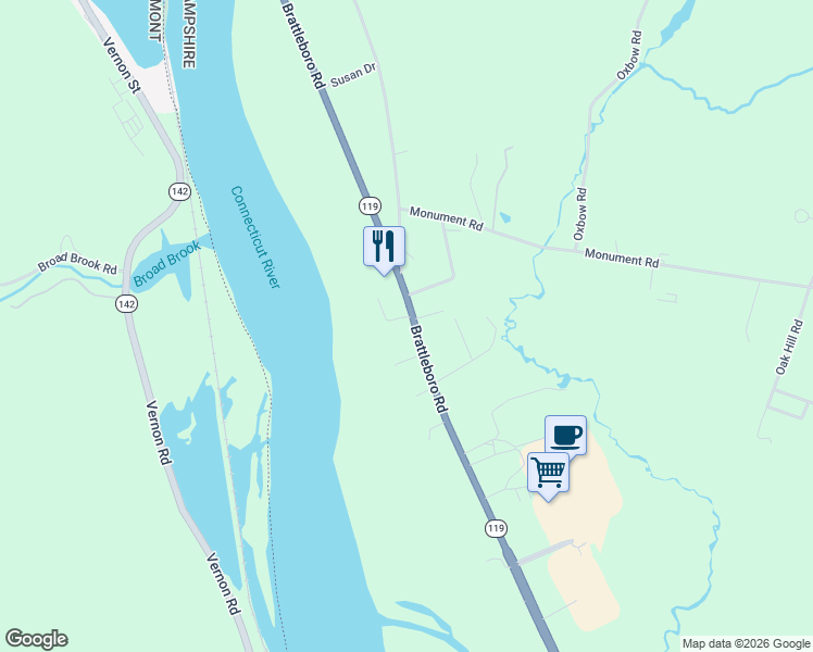 map of restaurants, bars, coffee shops, grocery stores, and more near 821 Brattleboro Road in Hinsdale
