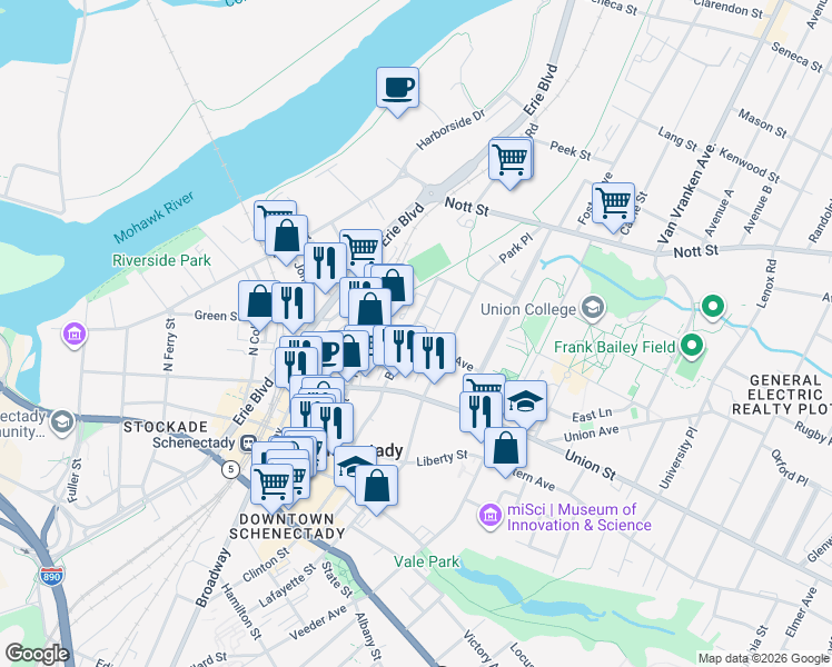map of restaurants, bars, coffee shops, grocery stores, and more near 1104 Barrett Street in Schenectady