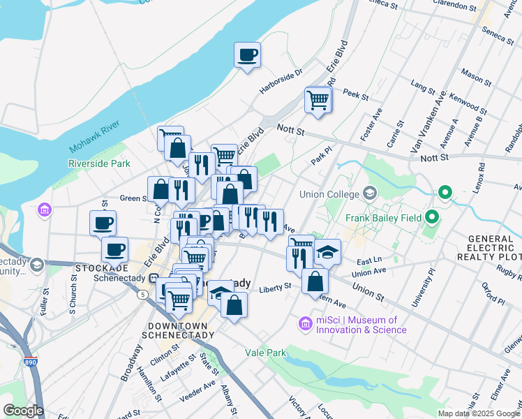 map of restaurants, bars, coffee shops, grocery stores, and more near 1102 Barrett Street in Schenectady