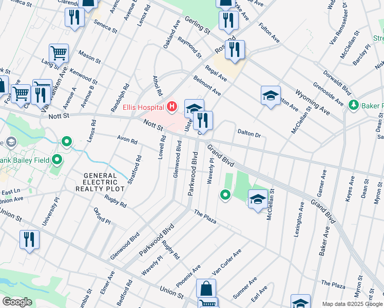 map of restaurants, bars, coffee shops, grocery stores, and more near 1393 Parkwood Boulevard in Schenectady