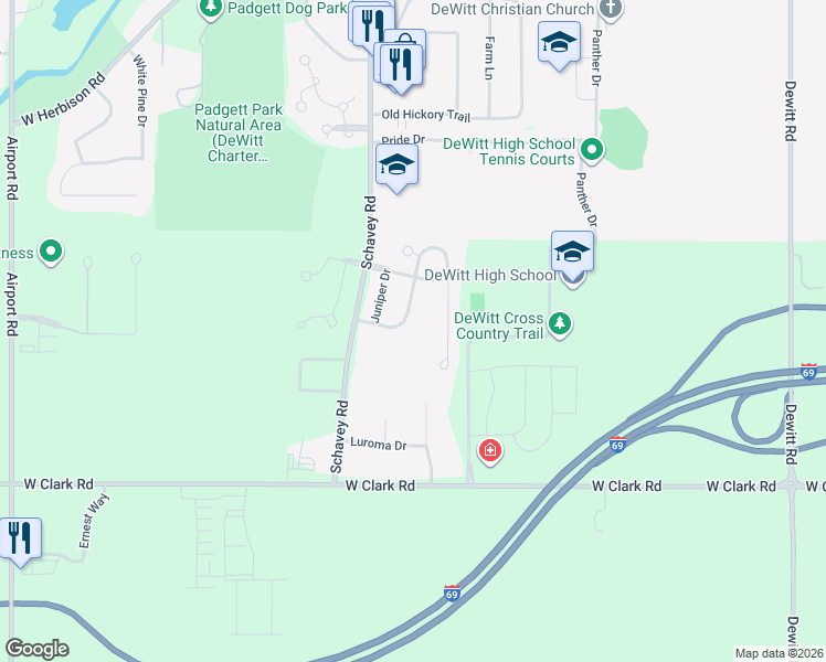 map of restaurants, bars, coffee shops, grocery stores, and more near 13698 Cottonwood Drive in DeWitt