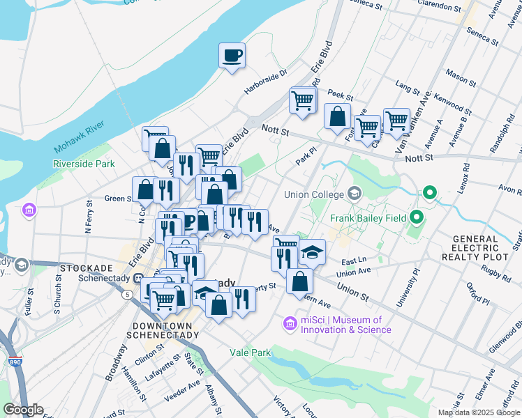 map of restaurants, bars, coffee shops, grocery stores, and more near 106 Park Place in Schenectady