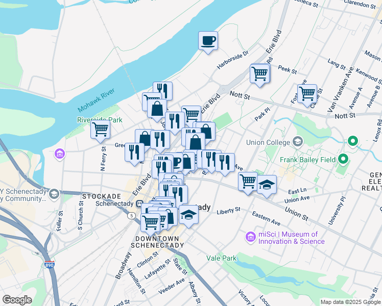 map of restaurants, bars, coffee shops, grocery stores, and more near in Schenectady