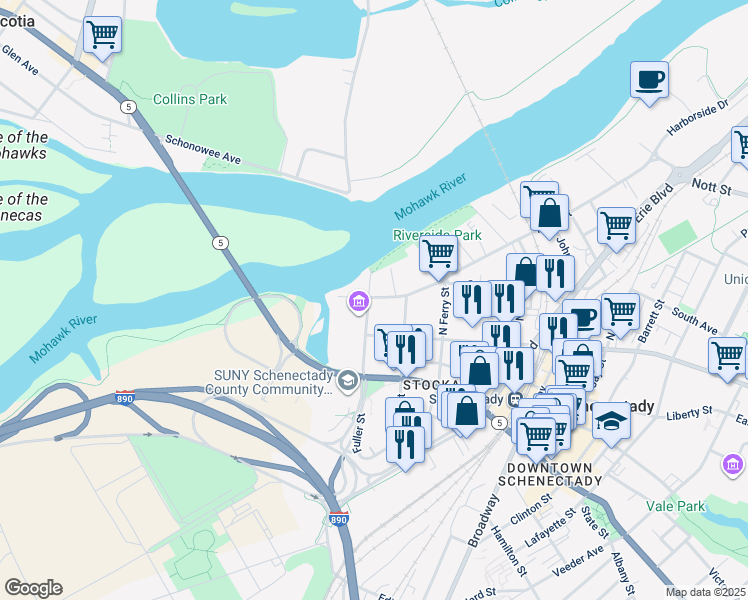 map of restaurants, bars, coffee shops, grocery stores, and more near 6 Front Street in Schenectady