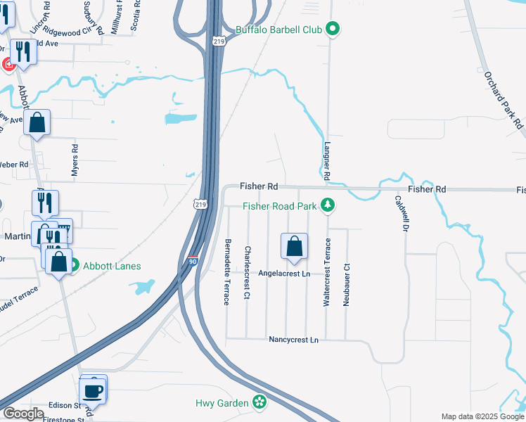 map of restaurants, bars, coffee shops, grocery stores, and more near 201 Leocrest Court in Buffalo