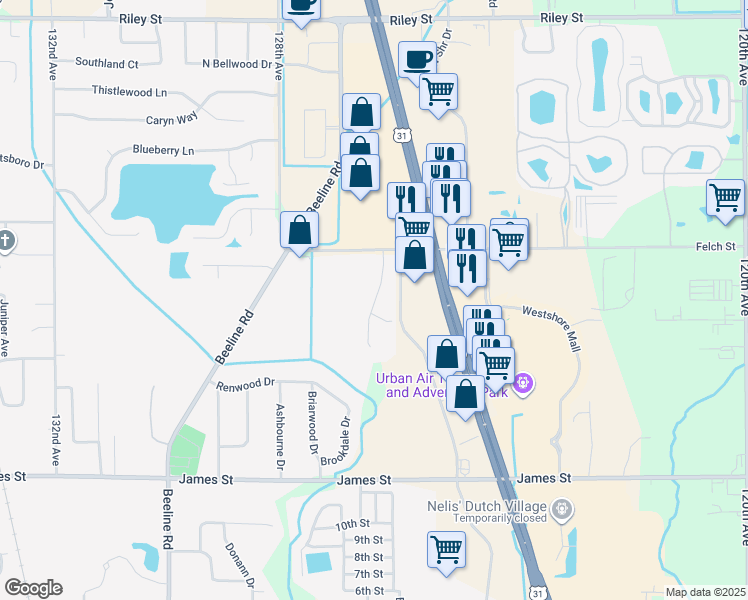 map of restaurants, bars, coffee shops, grocery stores, and more near 2712 Kragspough Court in Holland