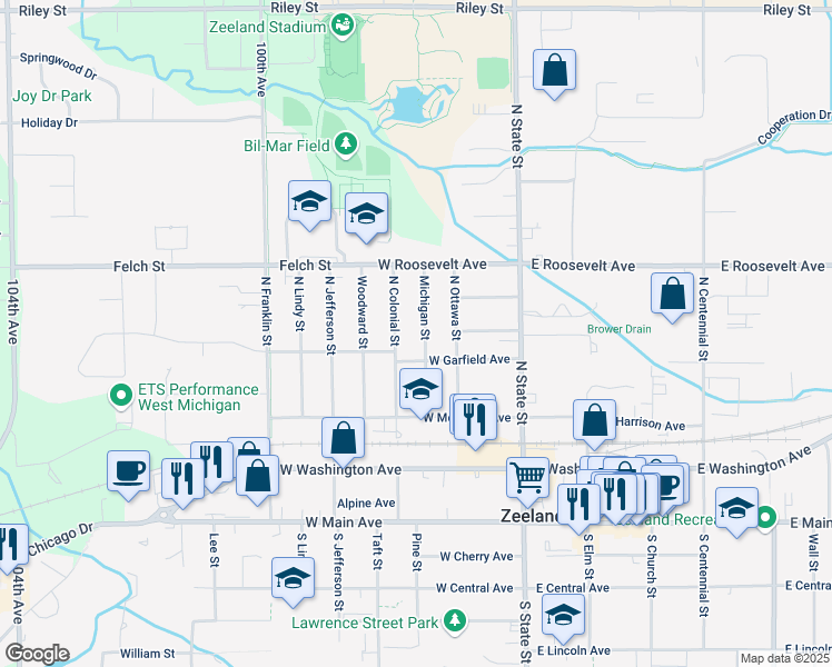 map of restaurants, bars, coffee shops, grocery stores, and more near 321 North Colonial Street in Zeeland