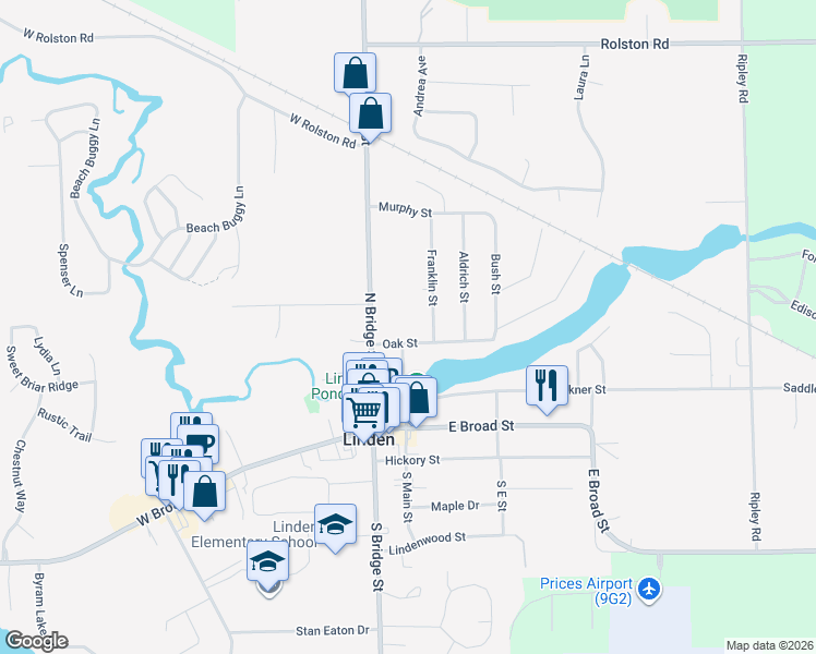 map of restaurants, bars, coffee shops, grocery stores, and more near 201 Oak Street in Linden