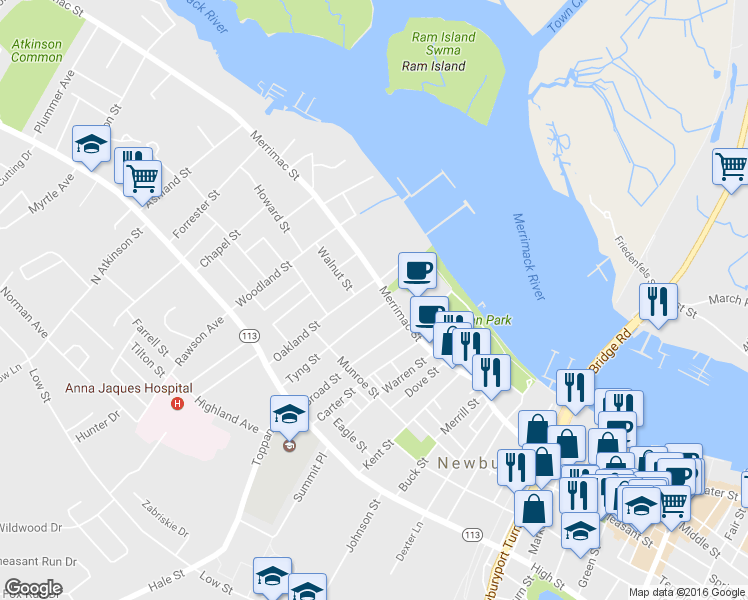 map of restaurants, bars, coffee shops, grocery stores, and more near 6 Tyng Street in Newburyport