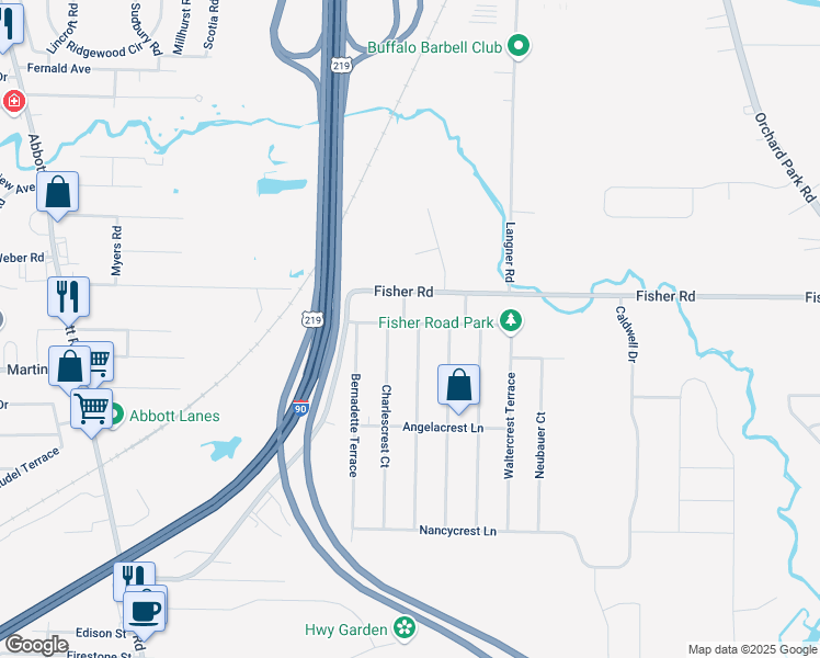 map of restaurants, bars, coffee shops, grocery stores, and more near 201 Leocrest Court in Buffalo