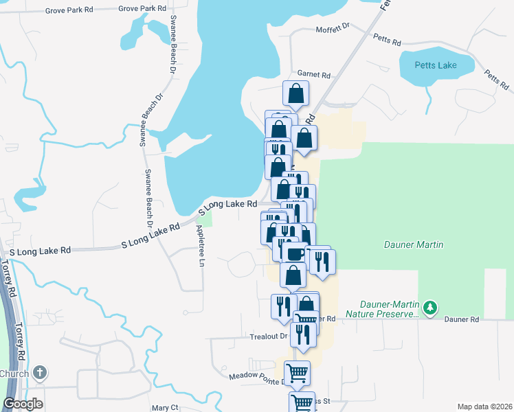 map of restaurants, bars, coffee shops, grocery stores, and more near 2075 South Long Lake Road in Fenton