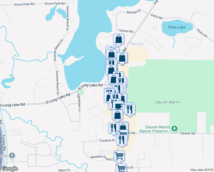 map of restaurants, bars, coffee shops, grocery stores, and more near 2033 South Long Lake Road in Fenton