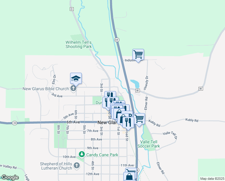 map of restaurants, bars, coffee shops, grocery stores, and more near 206 2nd Street in New Glarus