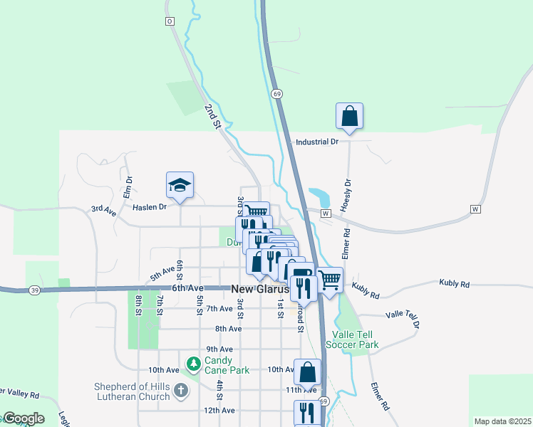 map of restaurants, bars, coffee shops, grocery stores, and more near 206 2nd Street in New Glarus