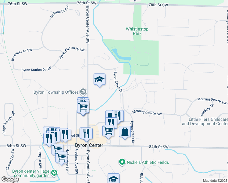 map of restaurants, bars, coffee shops, grocery stores, and more near 8097 Amber Crest Drive SouthWest in Byron Center