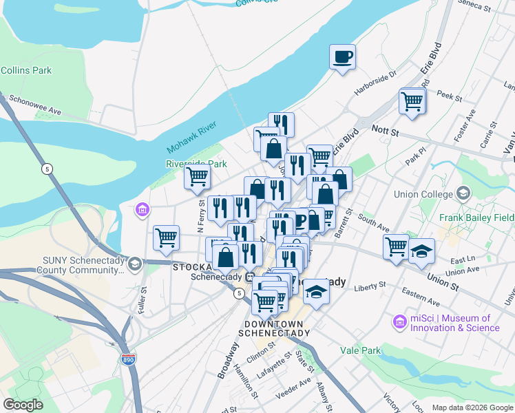 map of restaurants, bars, coffee shops, grocery stores, and more near 21 North College Street in Schenectady