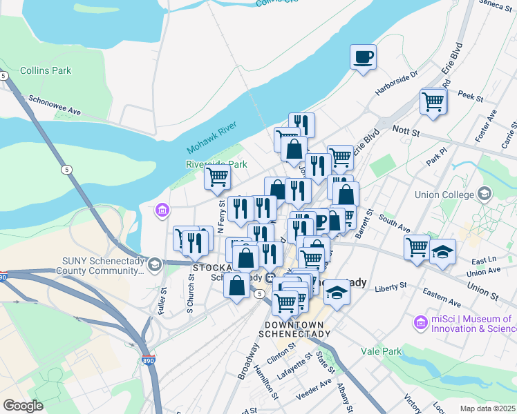 map of restaurants, bars, coffee shops, grocery stores, and more near 217 1/2 Union Street in Schenectady