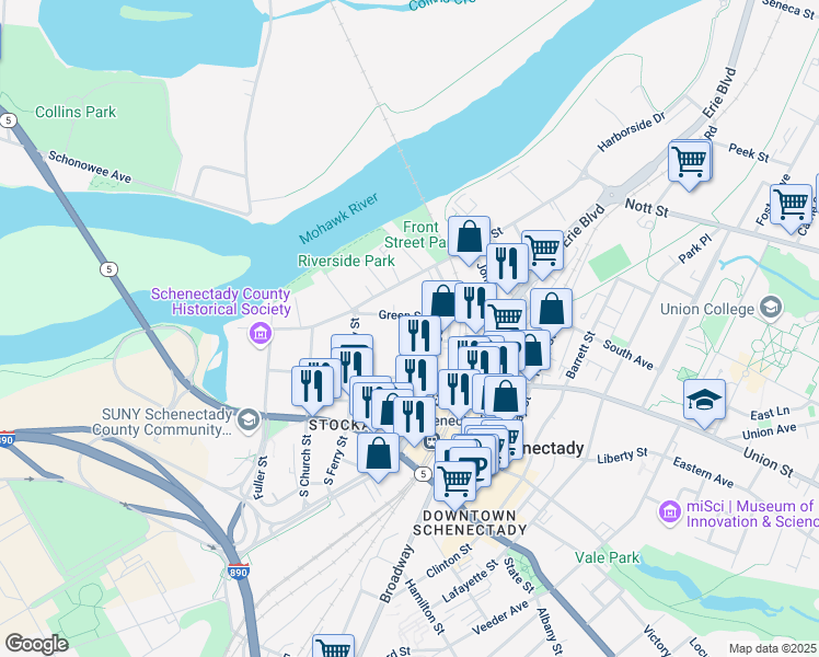 map of restaurants, bars, coffee shops, grocery stores, and more near 217 1/2 Union Street in Schenectady