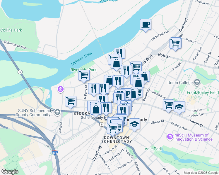 map of restaurants, bars, coffee shops, grocery stores, and more near 21 North College Street in Schenectady