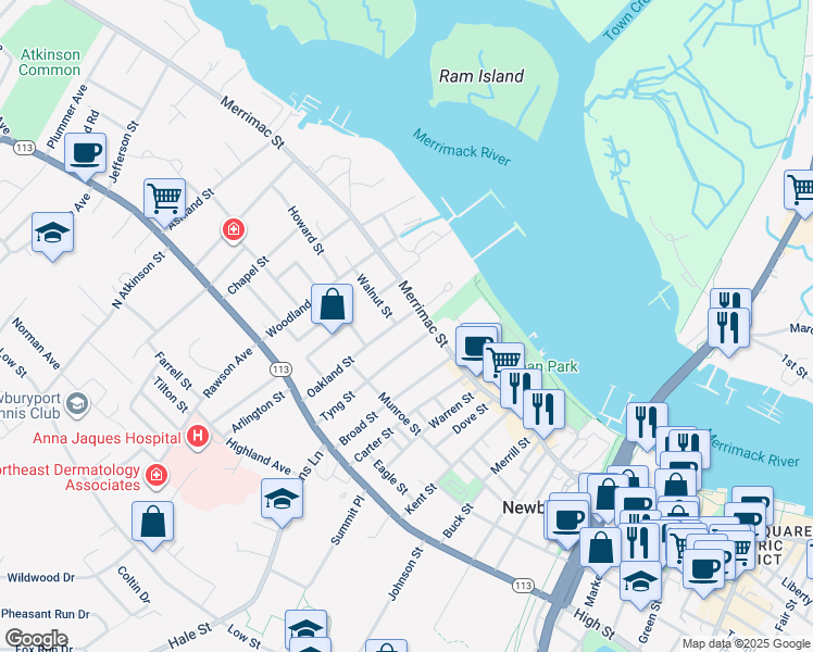 map of restaurants, bars, coffee shops, grocery stores, and more near 5 Oakland Street in Newburyport