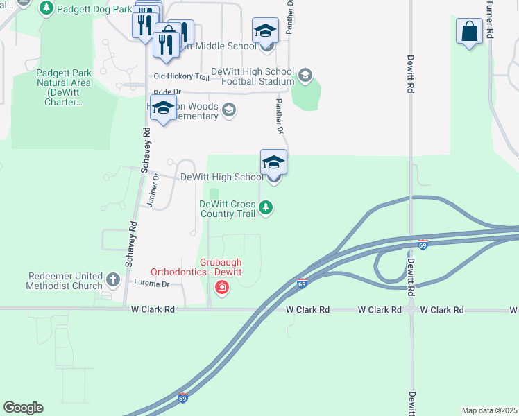 map of restaurants, bars, coffee shops, grocery stores, and more near South Panther Drive in Clinton County