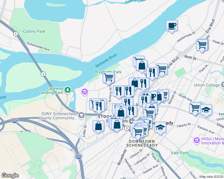 map of restaurants, bars, coffee shops, grocery stores, and more near 32 North Ferry Street in Schenectady