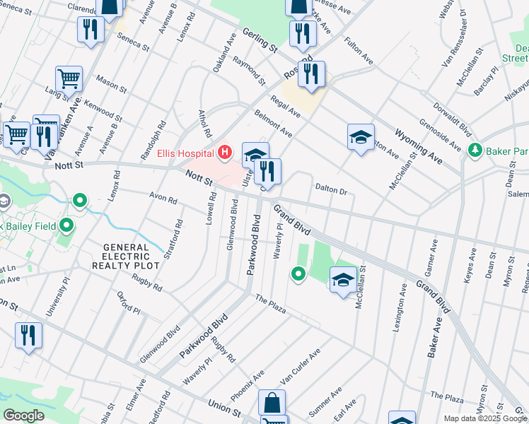 map of restaurants, bars, coffee shops, grocery stores, and more near 1373 Parkwood Boulevard in Schenectady